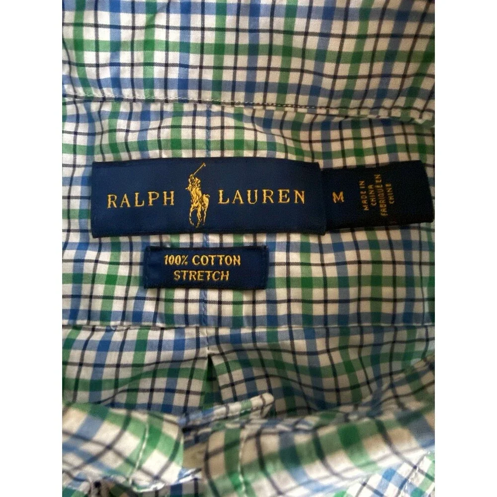 Ralph Lauren Men's M Classic Fit Green Blue White Check Cotton Stretch Shirt - Picture 3 of 7
